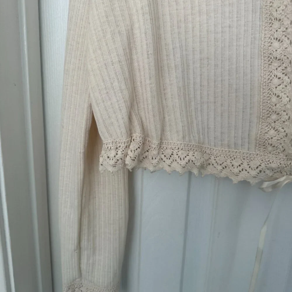 NWT, Free People Third Date Top, Crocheted Hem, Almond / Off-white Color, L